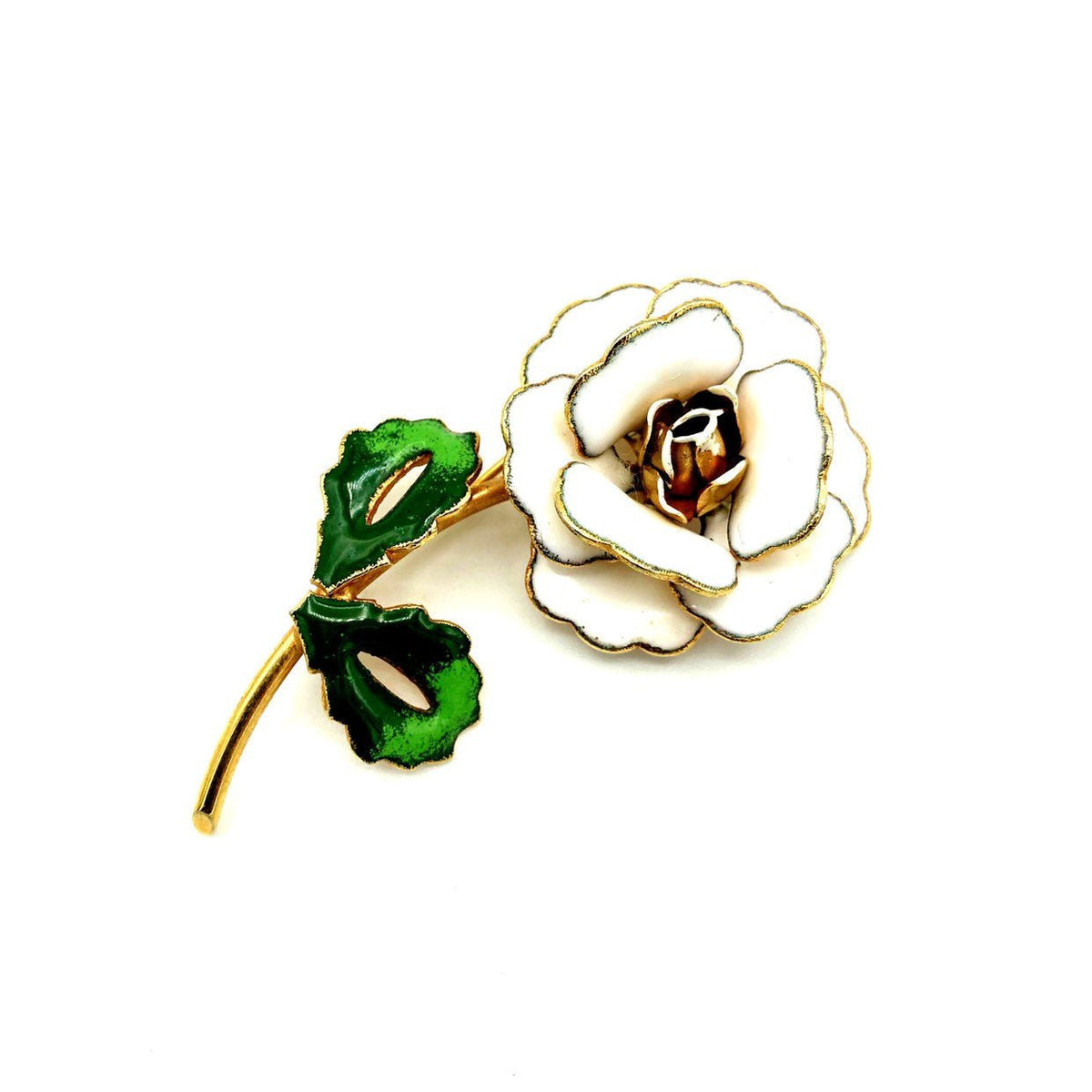 White Enamel Long Stem Flower Vintage Brooch - 24 Wishes Vintage Jewelry