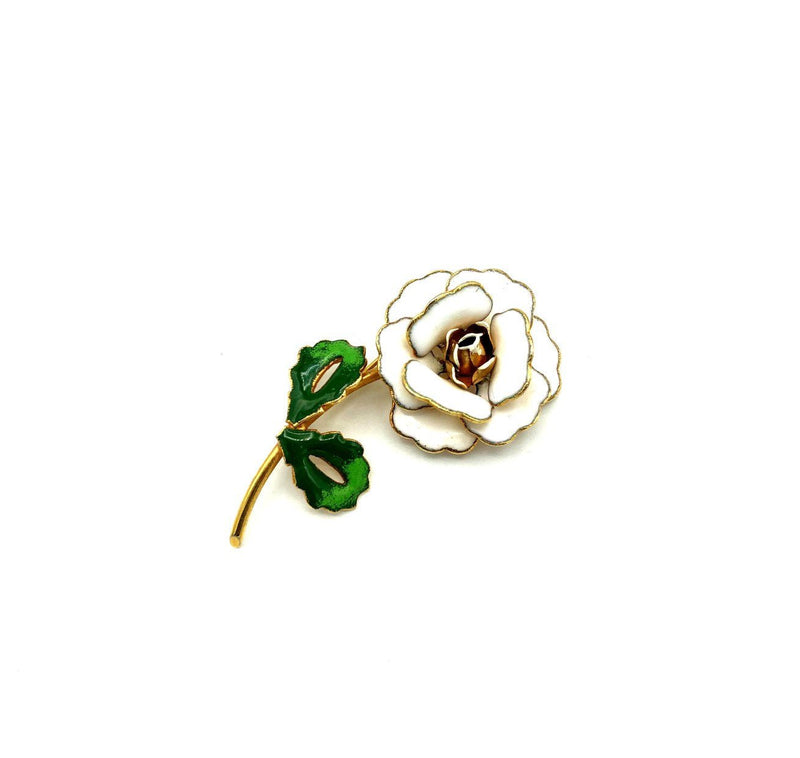 White Enamel Long Stem Flower Vintage Brooch - 24 Wishes Vintage Jewelry