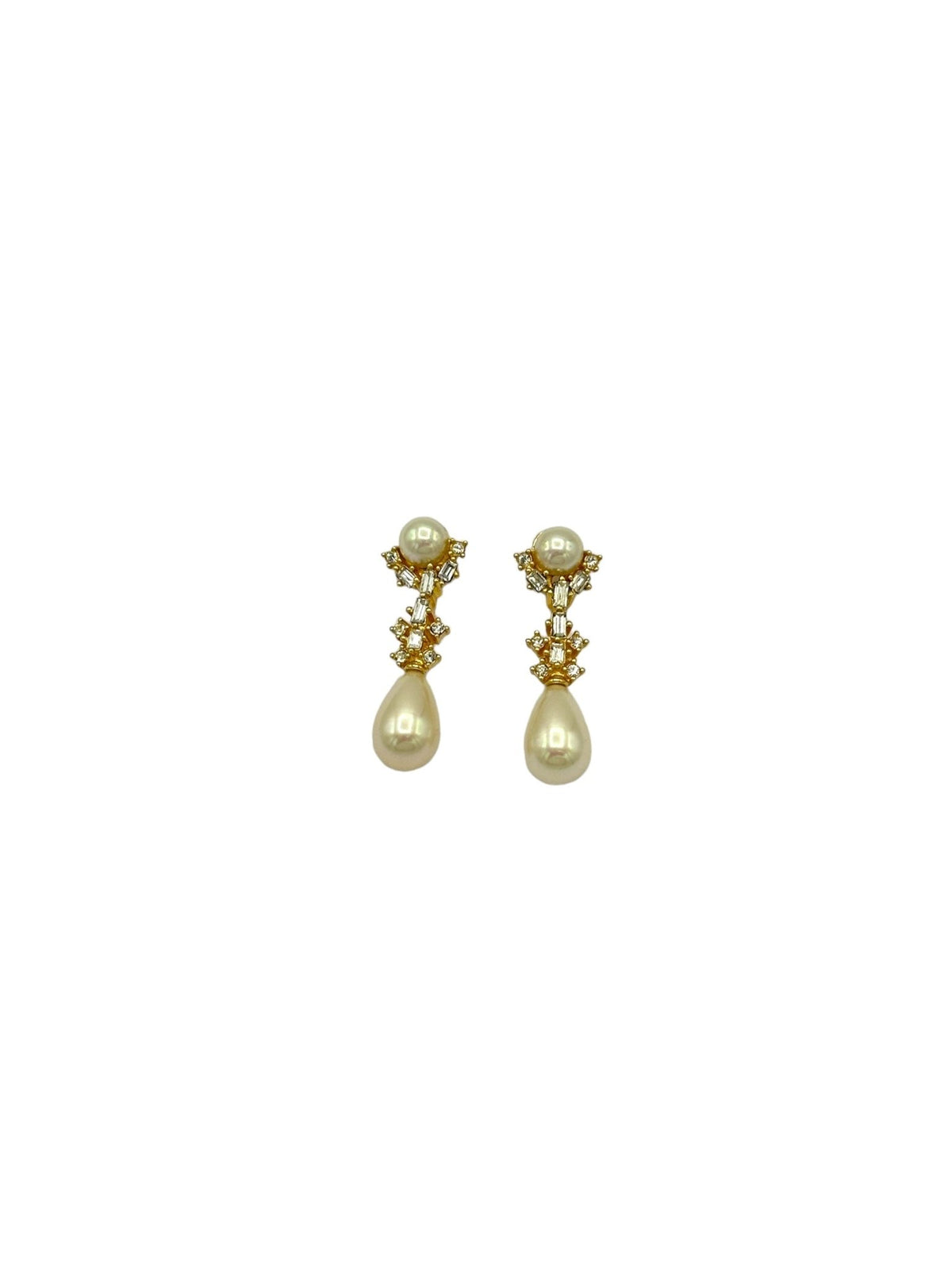 White Pearlized & Rhinestone Dangle Pierced Earrings - 24 Wishes Vintage Jewelry