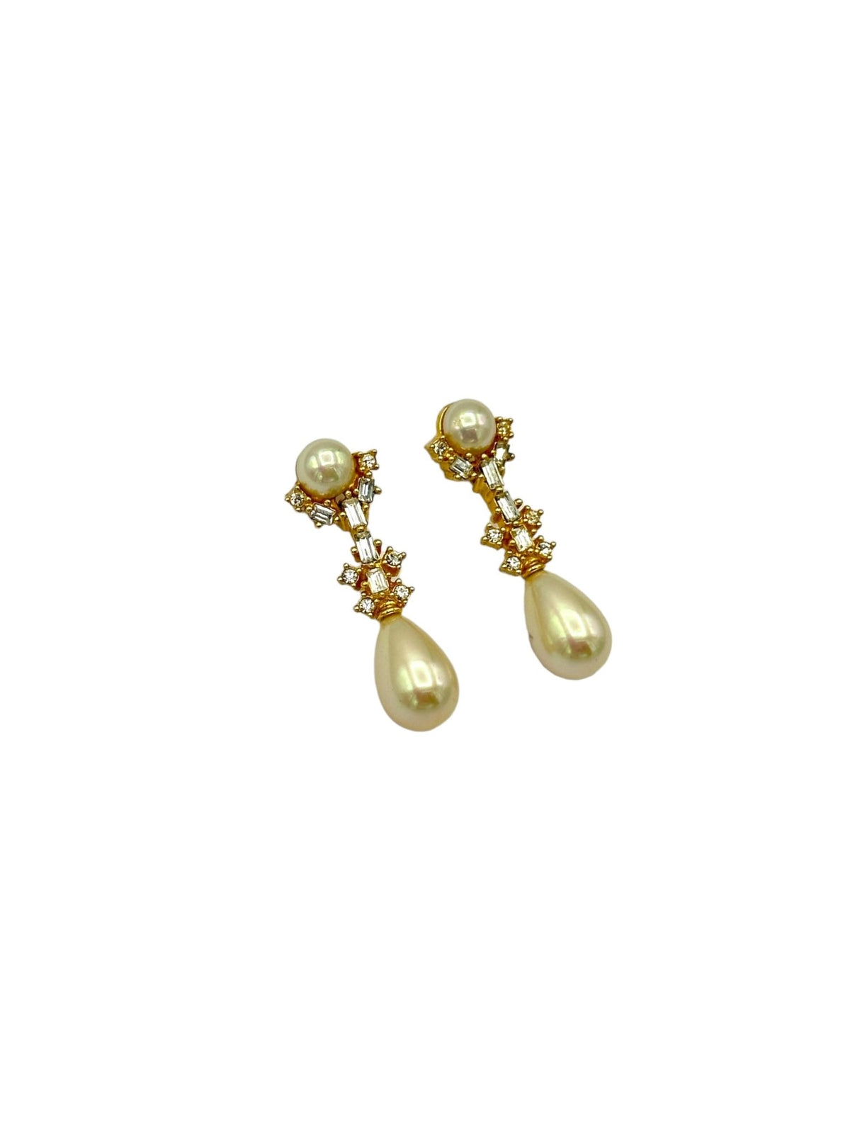 White Pearlized & Rhinestone Dangle Pierced Earrings - 24 Wishes Vintage Jewelry