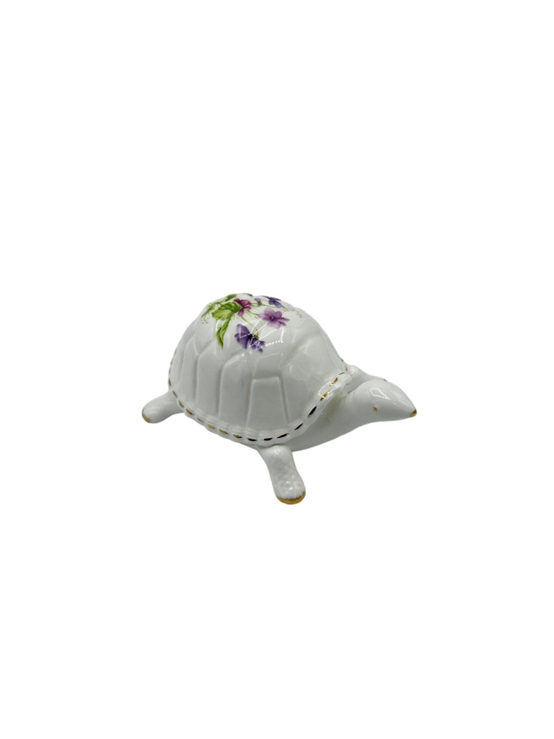 White Turtle Trinket Box Dove Floral Details - 24 Wishes Vintage Jewelry
