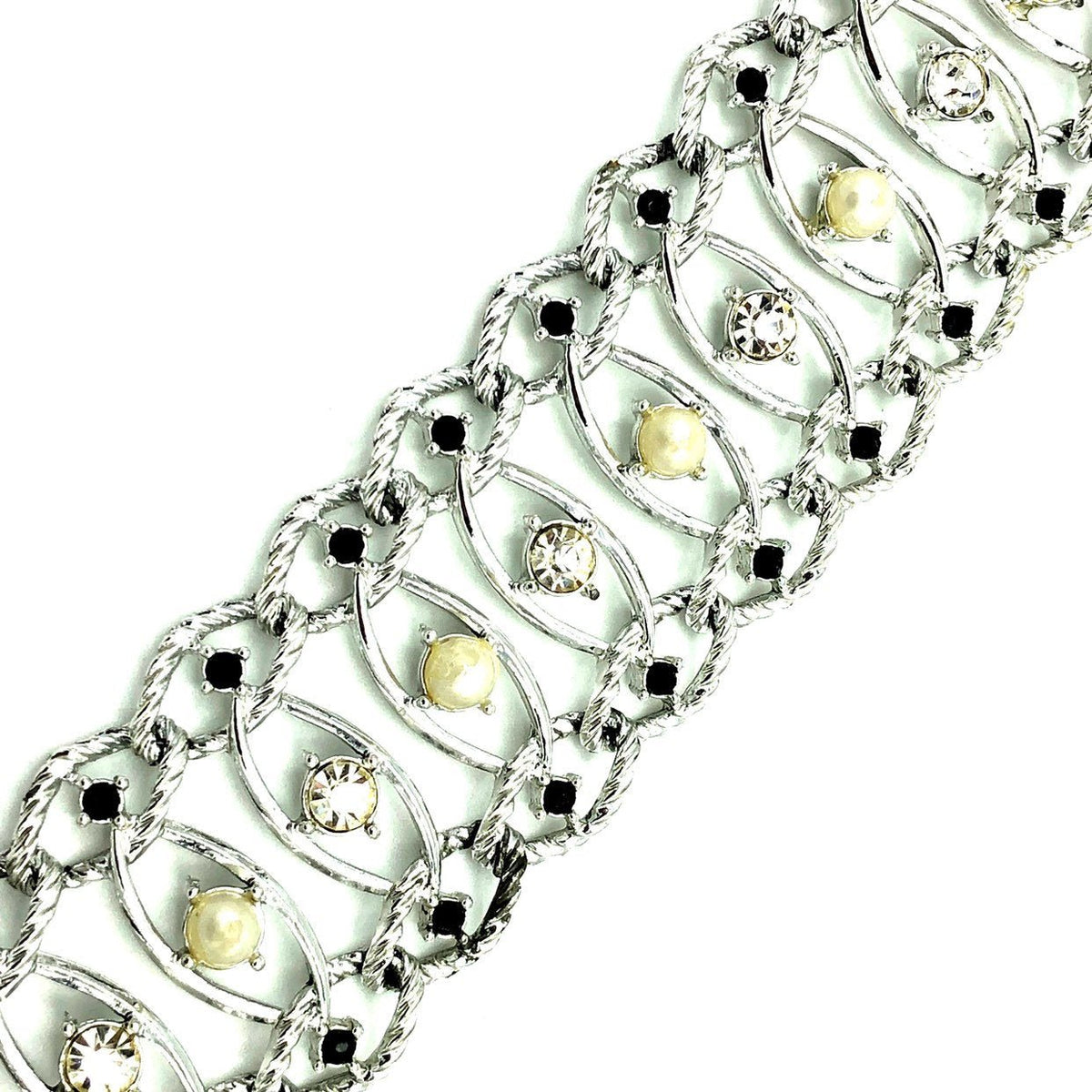 Wide Silver Emmons Chain Link Pearl Rhinestone Bracelet - 24 Wishes Vintage Jewelry