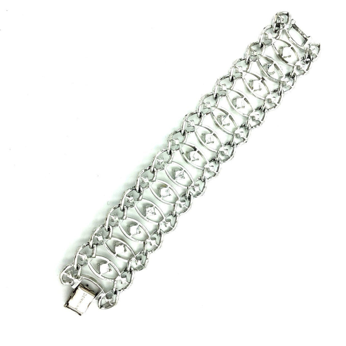 Wide Silver Emmons Chain Link Pearl Rhinestone Bracelet - 24 Wishes Vintage Jewelry